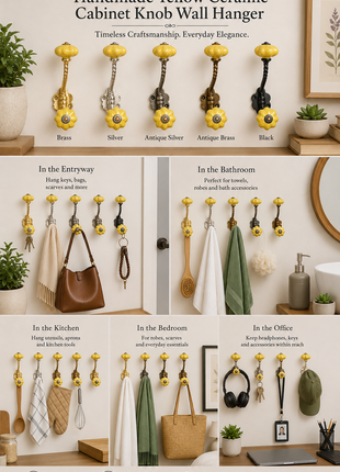 Yellow Ceramic Cabinet Knob With Metal Wall Hanger