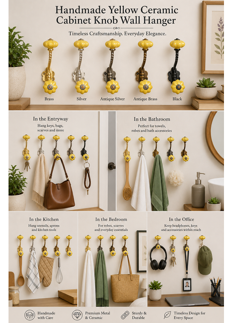 Yellow Ceramic Cabinet Knob With Metal Wall Hanger