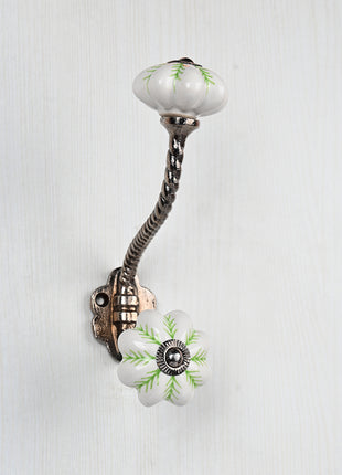 Green design on White Base Ceramic knob With Metal Wall Hanger