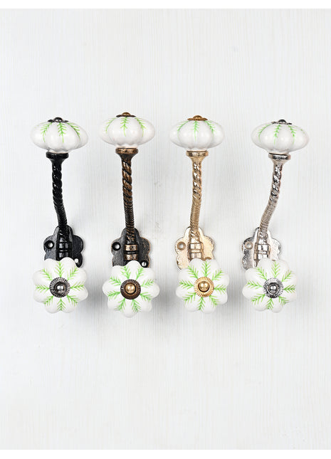 Green design on White Base Ceramic knob With Metal Wall Hanger