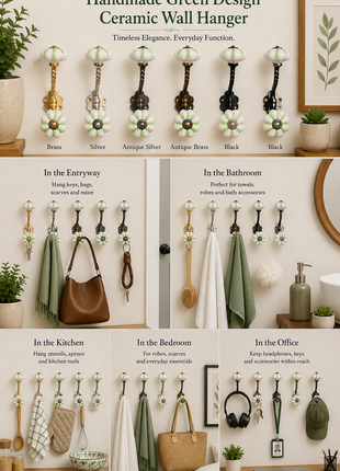 Green design on White Base Ceramic knob With Metal Wall Hanger