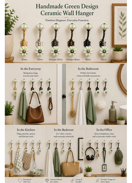 Green design on White Base Ceramic knob With Metal Wall Hanger