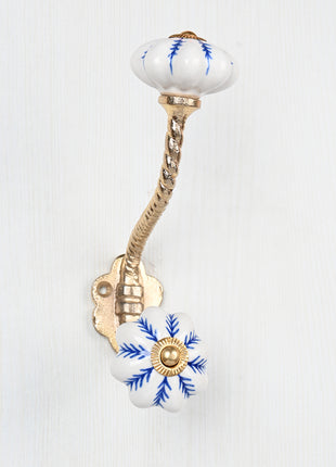 Blue design On White Base Ceramic Knob With Metal Wall Hanger