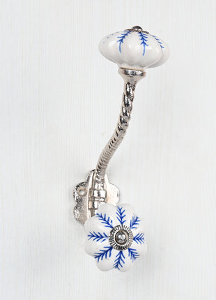 Blue design On White Base Ceramic Knob With Metal Wall Hanger