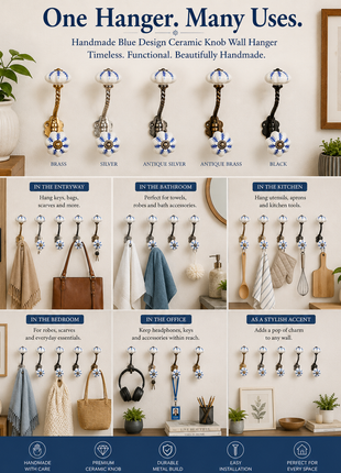 Blue design On White Base Ceramic Knob With Metal Wall Hanger