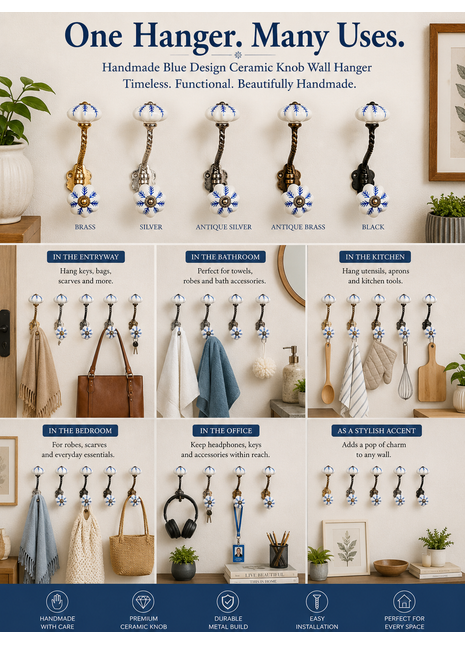 Blue design On White Base Ceramic Knob With Metal Wall Hanger