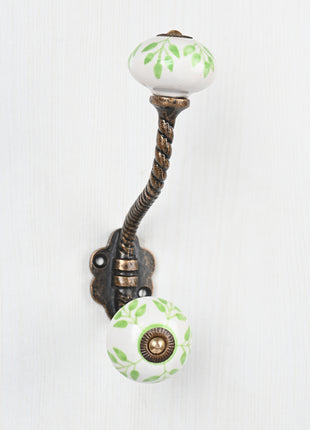 Green Leaf On White Ceramic Knob With Metal Wall Hanger