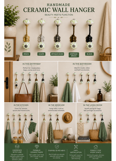 Green Leaf On White Ceramic Knob With Metal Wall Hanger