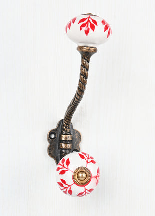 Red Design On White Ceramic Knob With Metal Wall Hanger