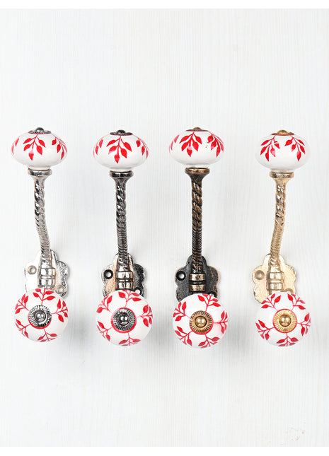 Red Design On White Ceramic Knob With Metal Wall Hanger