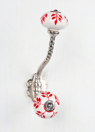 Red Design On White Ceramic Knob With Metal Wall Hanger