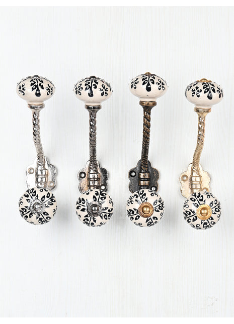 Black Design On White Ceramic Cabinet Knob With Metal Wall Hanger