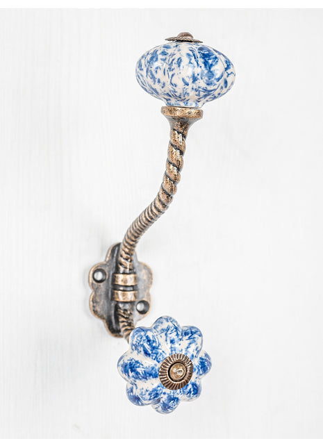 Blue design on White Base Ceramic knob With Metal Wall Hanger