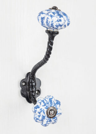 Blue Color on White Base Ceramic knob With Metal Wall Hanger