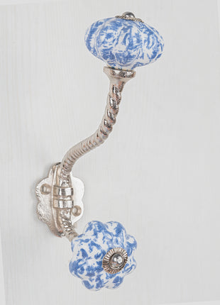 Blue Color on White Base Ceramic knob With Metal Wall Hanger