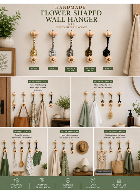 Flower Shaped Design Ceramic Cabinet Knob With Metal Wall Hanger