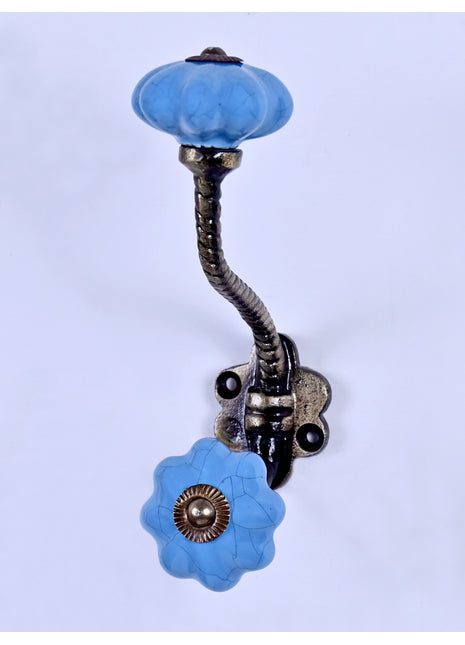 Teal Blue Color Cracked Ceramic Knob with Metal Wall Hook