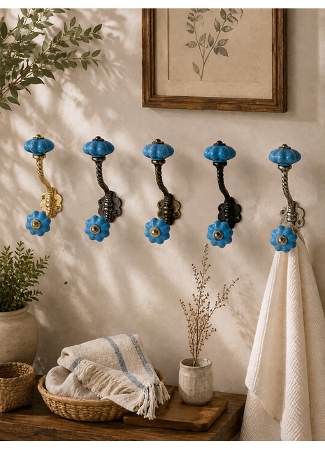 Teal Blue Color Cracked Ceramic Knob with Metal Wall Hook