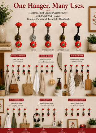 Red Color Cracked Ceramic Knob with Metal Wall Hook