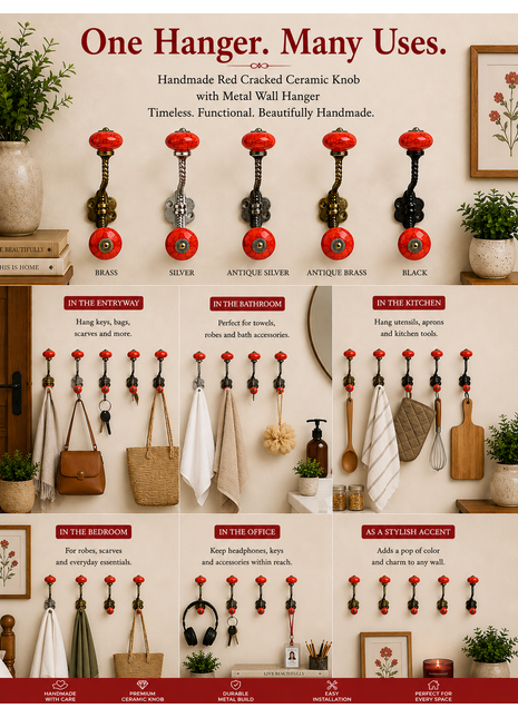 Red Color Cracked Ceramic Knob with Metal Wall Hook