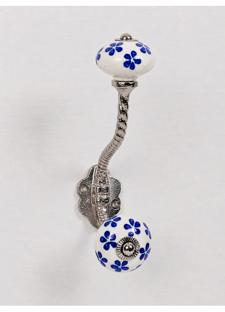 Blue Flowers Ceramic Knob With Metal Wall Hanger