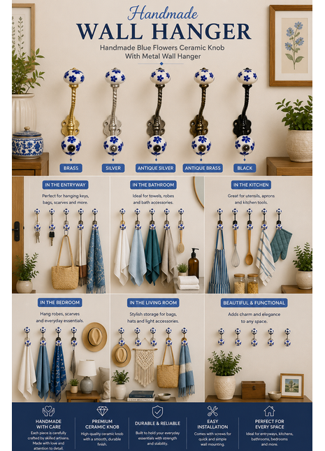 Blue Flowers Ceramic Knob With Metal Wall Hanger