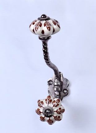 Brown Flower design On White Base Ceramic Knob With Metal Wall Hanger