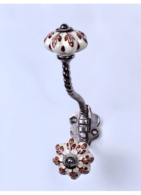 Brown Flower design Off White Base Ceramic Knob With Metal Wall Hanger