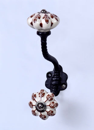 Brown Flower design On White Base Ceramic Knob With Metal Wall Hanger
