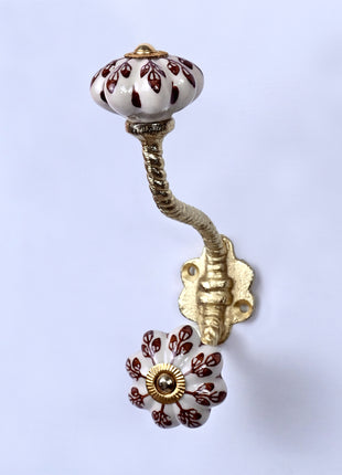 Brown Flower design On White Base Ceramic Knob With Metal Wall Hanger