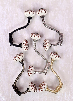 Brown Flower design On White Base Ceramic Knob With Metal Wall Hanger