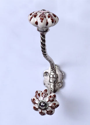 Brown Flower design On White Base Ceramic Knob With Metal Wall Hanger