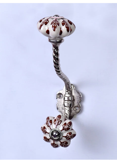 Brown Flower design Off White Base Ceramic Knob With Metal Wall Hanger