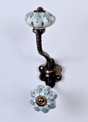 Turquoise Flower design On White Base Ceramic Knob With Metal Wall Hanger