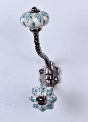 Turquoise Flower design On White Base Ceramic Knob With Metal Wall Hanger
