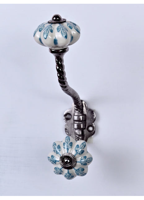 Turquoise Flower design Off White Base Ceramic Knob With Metal Wall Hanger