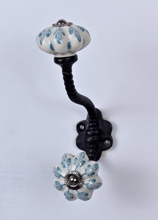Turquoise Flower design On White Base Ceramic Knob With Metal Wall Hanger