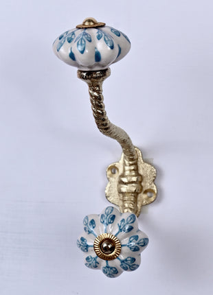 Turquoise Flower design On White Base Ceramic Knob With Metal Wall Hanger
