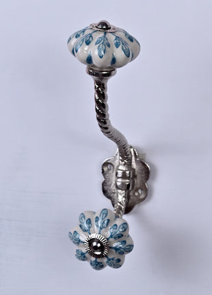 Turquoise Flower design On White Base Ceramic Knob With Metal Wall Hanger