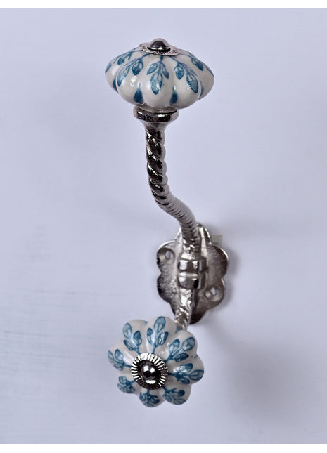 Turquoise Flower design Off White Base Ceramic Knob With Metal Wall Hanger