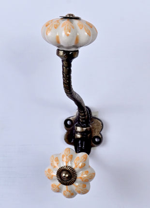 Yellow Flower design On White Base Ceramic Knob With Metal Wall Hanger