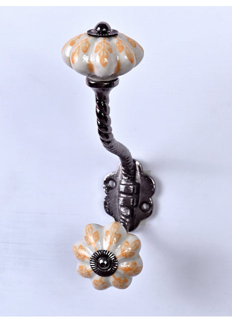 Light Orange Flower design Off White Base Ceramic Knob With Metal Wall Hanger