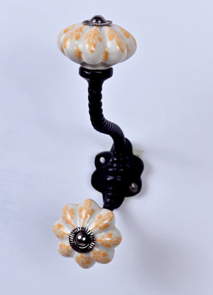 Yellow Flower design On White Base Ceramic Knob With Metal Wall Hanger