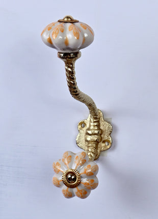 Yellow Flower design On White Base Ceramic Knob With Metal Wall Hanger