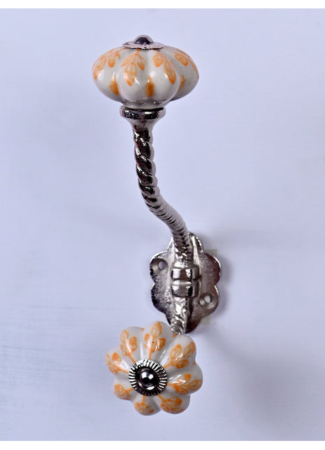 Light Orange Flower design Off White Base Ceramic Knob With Metal Wall Hanger