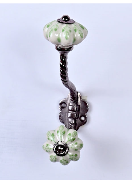Green design Off White Base Ceramic Knob With Metal Wall Hanger