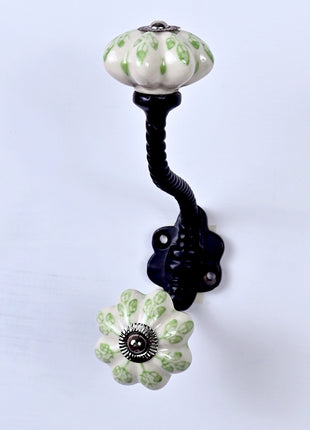 Green design On White Base Ceramic Knob With Metal Wall Hanger