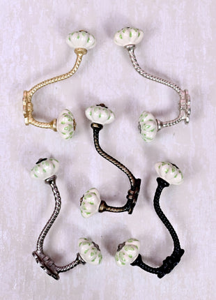 Green design On White Base Ceramic Knob With Metal Wall Hanger