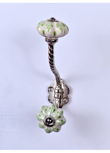 Green design Off White Base Ceramic Knob With Metal Wall Hanger
