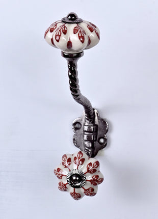 Red design On White Base Ceramic Knob With Metal Wall Hanger